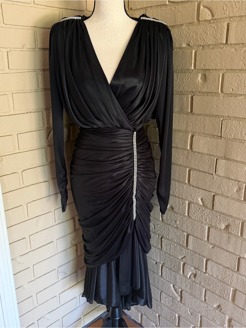 Vtg 90s Susan Roselli VIJACK Black Ruched Diamond Evening Gown Dress 4 Glitzy - Picture 2 of 12